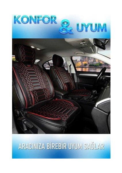 Skoda Kodiaq Uyumlu Lüks Deri Oto Koltuk Kılıfı Ön Arka Set Siyah Kırmızı Marjinal Model Alldys