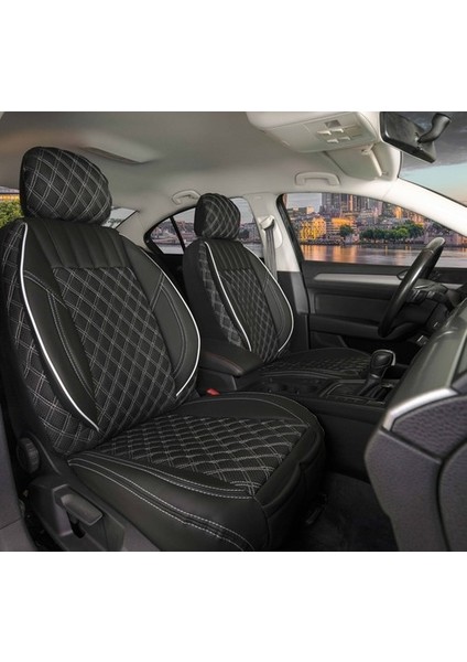 Chevrolet Lacetti Uyumlu Yarı Deri Oto Koltuk Kılıfı Ön Arka Takım Siyah Beyaz Alldys