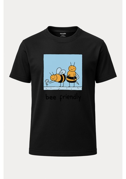 Arı Arkadaşlığı Baskılı Loose Fit Bisiklet Yaka Unisex Tişört