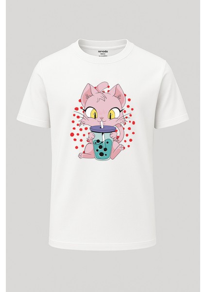 Anime Kedi Baskılı Loose Fit Bisiklet Yaka Unisex Tişört