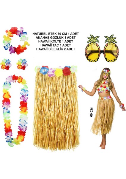 Hawaii Parti Kostüm Seti - 60 cm Hasır Etek, Çiçekli Aksesuarlar ve Ananas Gözlük
