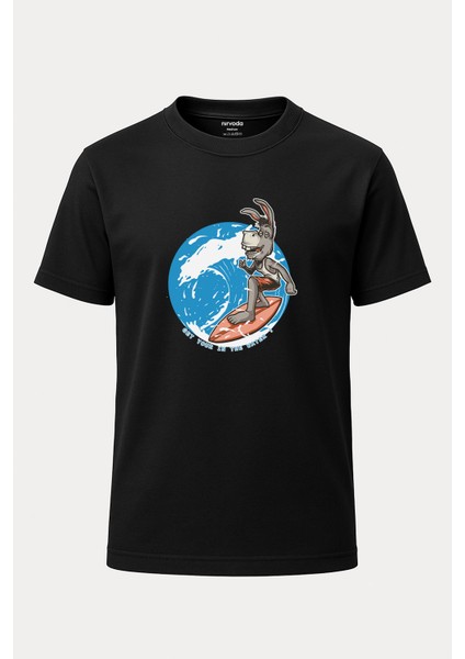 Surf Yapan Eşek Baskılı Loose Fit Bisiklet Yaka Unisex Tişört