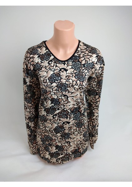 Kadın Siyah Kahverengi Bej U Yaka Uzun Kollu Desenli Yırtmaçlı Dokuma Viskon Anne Penye Tişört