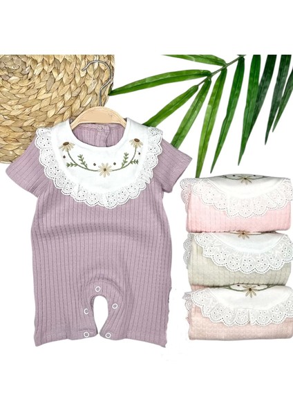 3-6-9-12 Ay Bebe Yaka Çiçek Nakışlı Pamuklu Petek Penye Yazlık Kız Bebek Tulumu