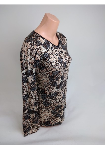 Kadın Siyah Kahverengi Bej U Yaka Uzun Kollu Desenli Yırtmaçlı Dokuma Viskon Anne Penye Tişört fiyatları