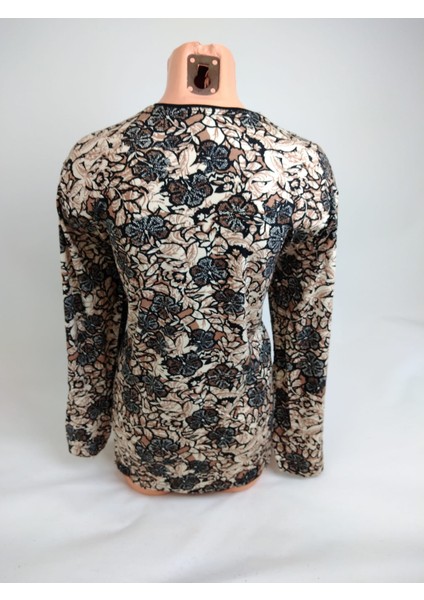 Kadın Siyah Kahverengi Bej U Yaka Uzun Kollu Desenli Yırtmaçlı Dokuma Viskon Anne Penye Tişört modelleri