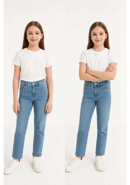 Kız Çocuk Slim Fit Kot Pantolon | Ayarlanabilir Bel | Rahat ve Esnek Günlük Jean Modeli Spor Şık Kot