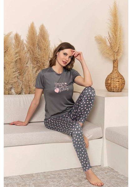 Kadın Desenli Bisiklet Yaka Düğmesiz Milan Yazlık Kısa Kol Pijama Takımı
