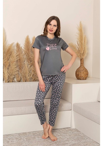 Kadın Desenli Bisiklet Yaka Düğmesiz Milan Yazlık Kısa Kol Pijama Takımı fiyatları