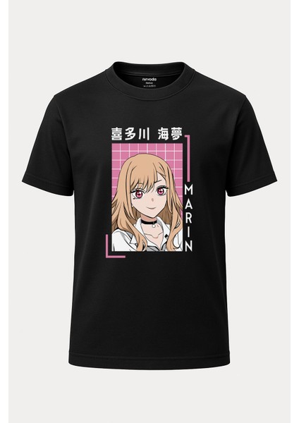 Marin Kitagawa My Dress Up Darling Baskılı Loose Fit Bisiklet Yaka Unisex Tişört Siyah Anime Manga