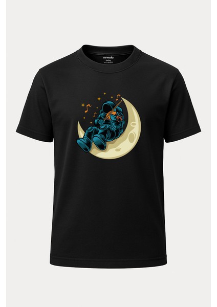 Keman Çalan Astronot Baskılı Loose Fit Bisiklet Yaka Unisex Tişört