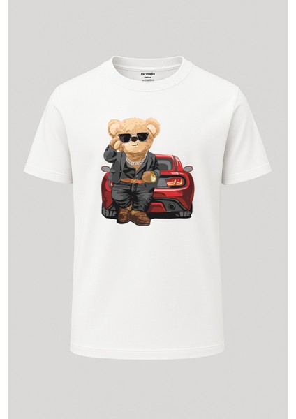 Gözlüklü Tarz Ayı Baskılı Loose Fit Bisiklet Yaka Unisex Tişört