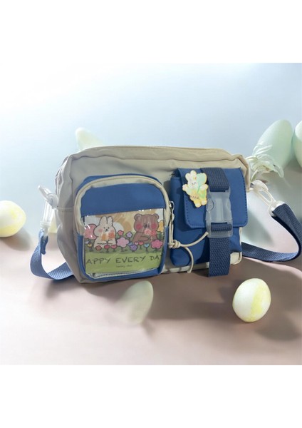 Kawaii Kore Japon Tarzı Genç Kız Çocuk Kadın Crossbody Yan Omuz Çanta Resimli Kart ve Rozet fiyatları