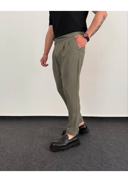 Erkek Old Money Pileli Kendinden Kemerli Kumaş Pantolon
