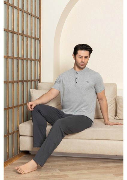 Erkek 3 Düğmeli %100 Pamuk Yazlık Kısa Kol Cepli Pijama Takımı