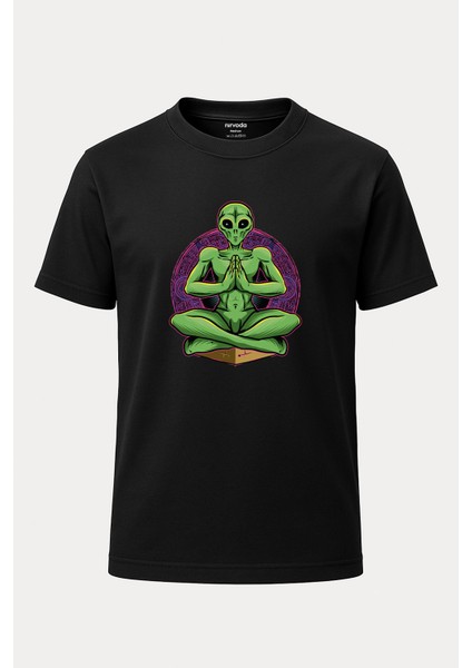Yoga Yapan Uzaylı Baskılı Loose Fit Bisiklet Yaka Unisex Tişört