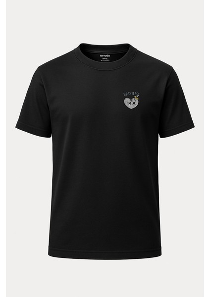 Yaralı Gri Kalp Baskılı Loose Fit Bisiklet Yaka Unisex Tişört