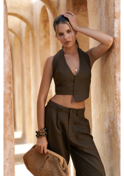 Lvdovila Kahve Keten Crop Yelek Pantolon Takım