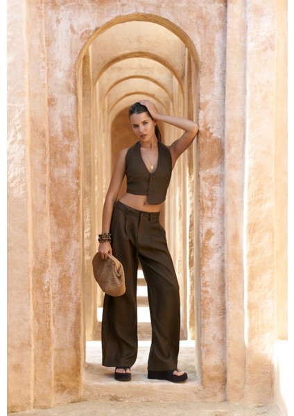 Lvdovila Kahve Keten Crop Yelek Pantolon Takım