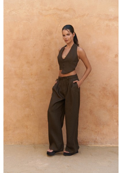 Lvdovila Kahve Keten Crop Yelek Pantolon Takım