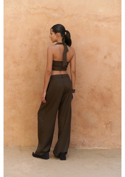 Lvdovila Kahve Keten Crop Yelek Pantolon Takım