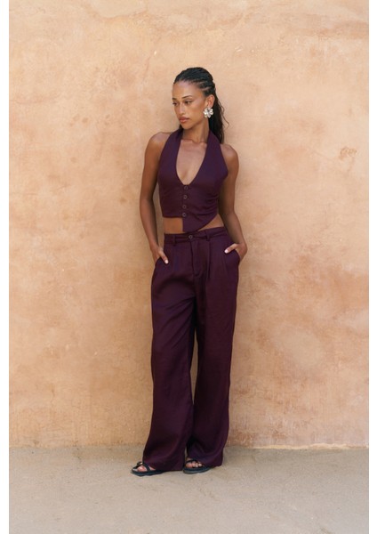 Lvdovila Bordo Keten Crop Yelek Pantolon Takım fiyatları