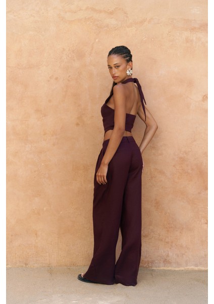 Lvdovila Bordo Keten Crop Yelek Pantolon Takım fırsatları