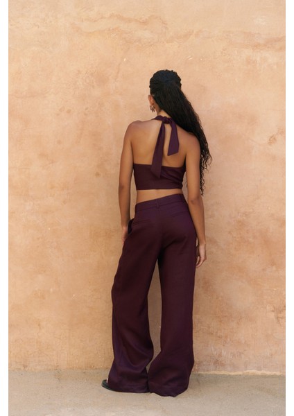 Lvdovila Bordo Keten Crop Yelek Pantolon Takım indirimleri
