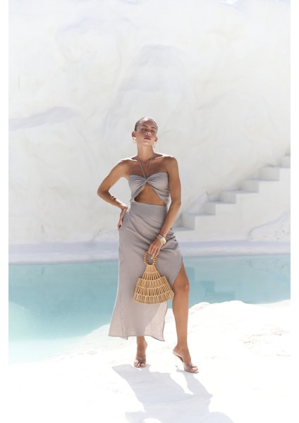 Abrossa Boyundan Bağcıklı Asimetrik Füme Keten Elbise fiyatları