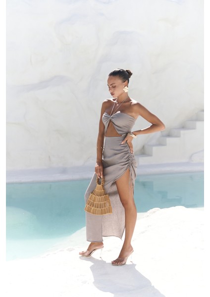 Abrossa Boyundan Bağcıklı Asimetrik Füme Keten Elbise modelleri