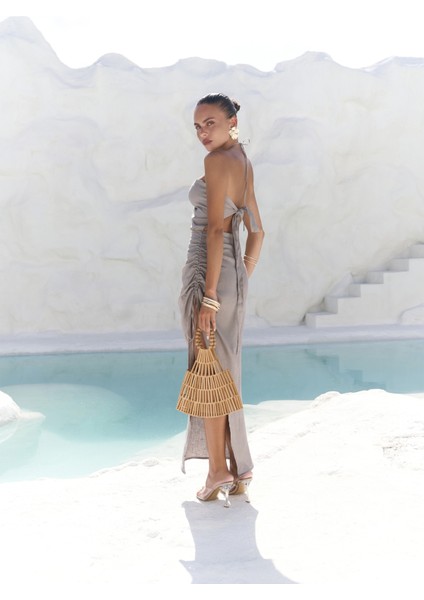 Abrossa Boyundan Bağcıklı Asimetrik Füme Keten Elbise fırsatları