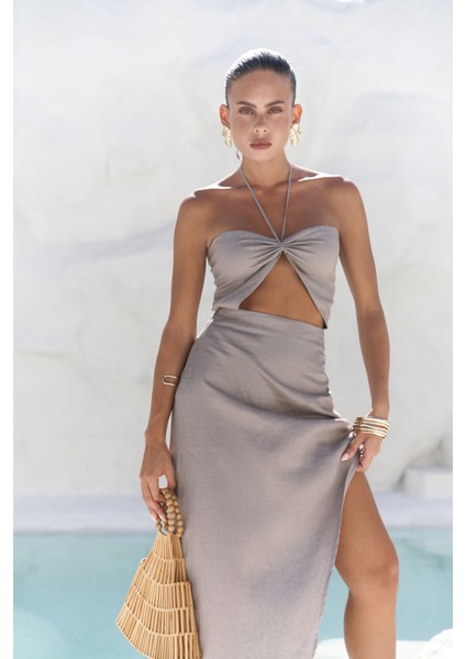 Abrossa Boyundan Bağcıklı Asimetrik Füme Keten Elbise indirimleri