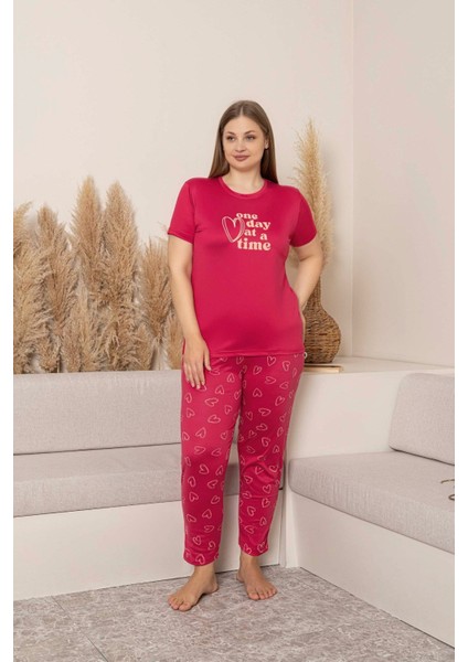 Kadın Bisiklet Yaka Düğmesiz Battal Kesim Viskon Yazlık Kısa Kol Büyük Beden Pijama Takımı