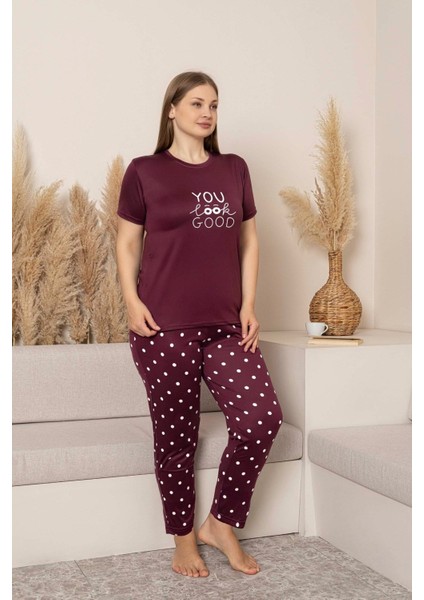 Kadın Bisiklet Yaka Düğmesiz Battal Kesim Viskon Yazlık Kısa Kol Büyük Beden Pijama Takımı