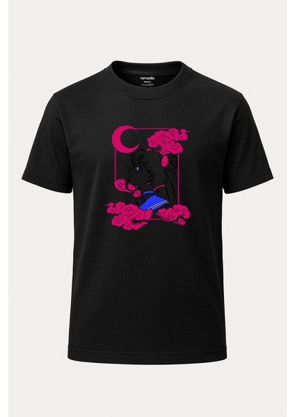 Sailor Moon Pembe Baskılı Loose Fit Bisiklet Yaka Unisex Tişört Anime Manga