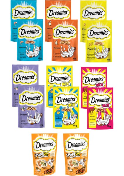 Kedi Ödül Mama Seti 60 gr x 14 Adet (Sığır-Peynir,somon-Peynir,tavuk,ördek,somon,peynir,shake Up) Tek Ebat