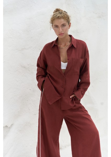 Orchidea Oversize Kiremit Keten Gömlek Takım modelleri