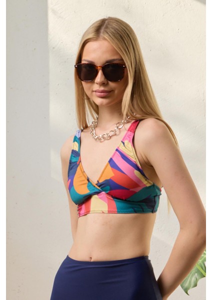 Bikini Üstü Kruvaze Model Toparlayıcı Pembe Desenli