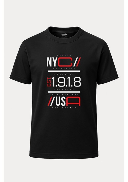 Nyc Usa Yazılı Baskılı Loose Fit Bisiklet Yaka Unisex Siyah Tişört