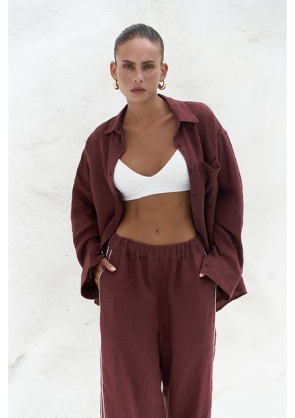 Orchidea Oversize Bordo Keten Gömlek Takım