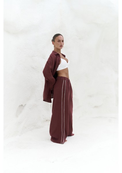 Orchidea Oversize Bordo Keten Gömlek Takım modelleri