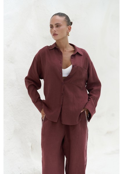 Orchidea Oversize Bordo Keten Gömlek Takım indirimleri