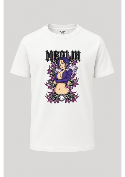 Merlin Nanatsu No Taizai Baskılı Loose Fit Bisiklet Yaka Unisex Tişört Anime Manga