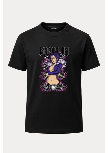 Merlin Nanatsu No Taizai Baskılı Loose Fit Bisiklet Yaka Unisex Tişört Anime Manga