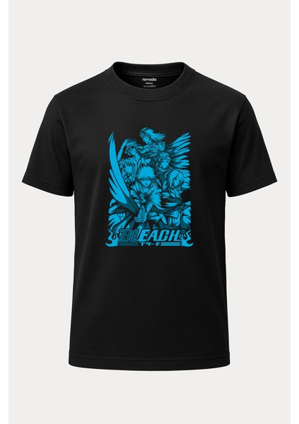 Mavi Bleach Baskılı Loose Fit Bisiklet Yaka Unisex Siyah Tişört Anime Manga