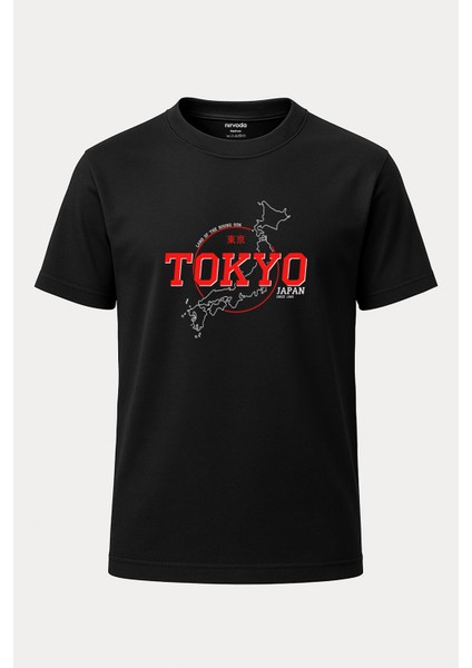 Kırmızı Tokyo Baskılı Loose Fit Bisiklet Yaka Unisex Siyah Tişört