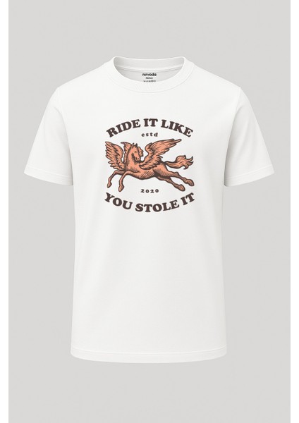 Kanatlı At Baskılı Loose Fit Bisiklet Yaka Unisex Tişört