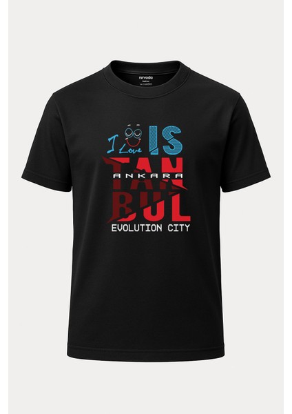 Istanbul Yazılı Baskılı Loose Fit Bisiklet Yaka Unisex Siyah Tişört