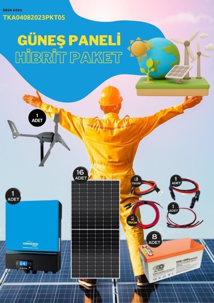 Güneş Enerjisi Hibrit Paket 5 – 7.2kva Inverter + Güneş Paneli +8 x 12 V 200 Ah Jel Akü Derin Döngü + Rüzgar Türbini