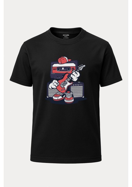 Gitarist Nostaljik Kaset Baskılı Loose Fit Bisiklet Yaka Unisex Tişört